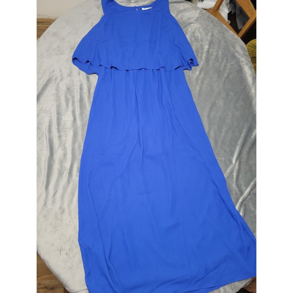 Notations Dress Womens 1X Maxi Blue Lined Side Slit Button Back Comfort Stretch